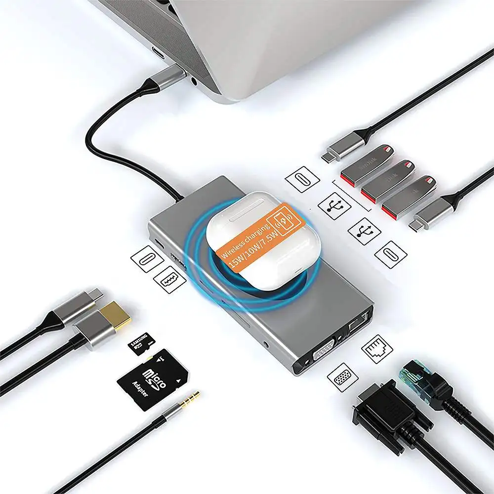 13-в-1 зарядно устройство Type-C USB-C Hub-сплитер Адаптер с USB2.0 USB3.0 USB-C 2,0 3,0 100 W Type-C PD 4K HDmVGA 3,5 мм Изображение 0