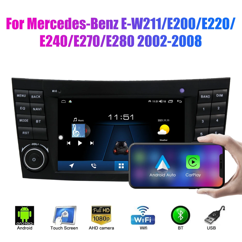 2 Din Android Радиото в автомобила, За да Benz E-W211/E200 2002-2008 Кола Стерео Автомобилен Мултимедиен Видео DVD плейър GPS Навигация Carplay Изображение 0