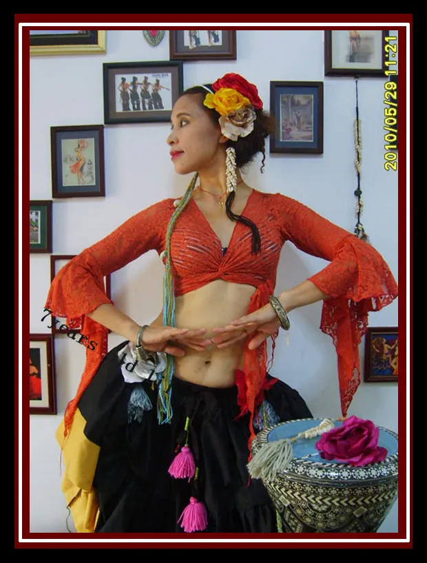Дантелен Топ, за танца на корема, Топ за танца фламенко, Корейски Дантелен Топ с расклешенной блузкой 5 цвята, Топ DI07-20 Изображение 1