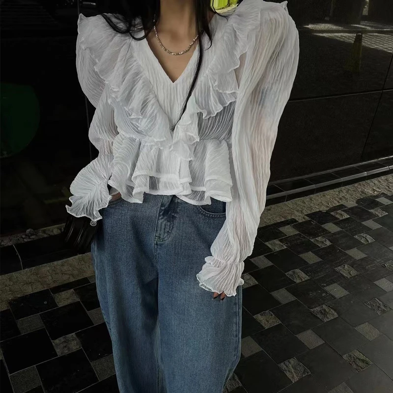 Есента корейската женска тениска с V-образно деколте, Модни блузи с дълъг ръкав и Набори, Женски нагънат Върхове, Реколта 2022 INKEO 2T258 Изображение 0
