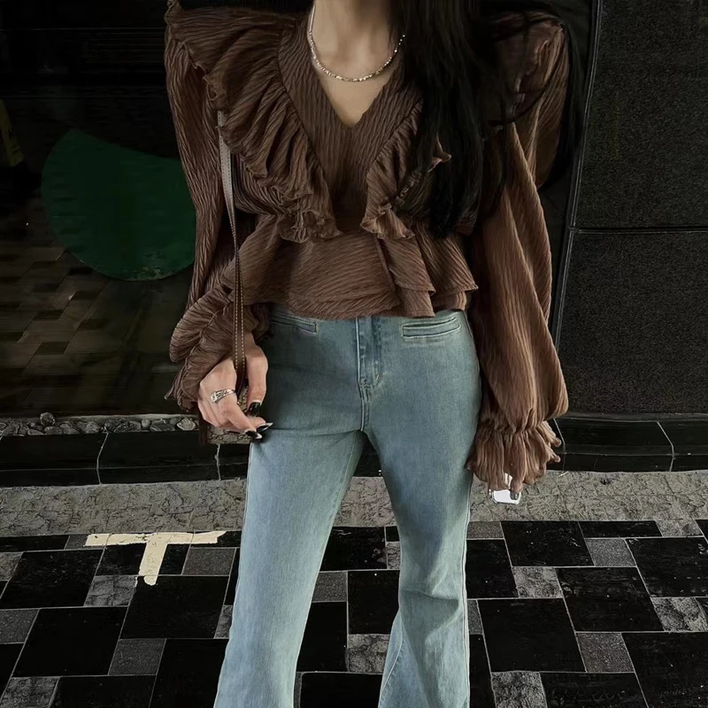 Есента корейската женска тениска с V-образно деколте, Модни блузи с дълъг ръкав и Набори, Женски нагънат Върхове, Реколта 2022 INKEO 2T258 Изображение 2