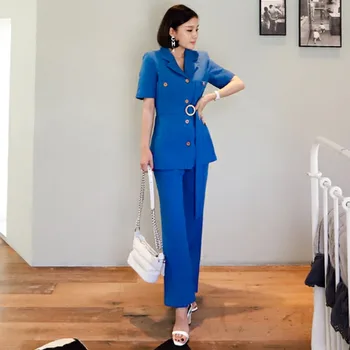 2019 годишният нов корейски женски темпераментна модерен яке с ревера и колан с къс ръкав + костюмные панталони от две части