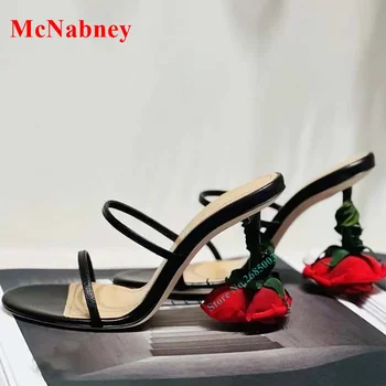 Нови Модни Сандали на ток с цветя модел, Чехли, с отворени Пръсти и Джапанки, Обикновен женски обувки в Необичаен Стил, Открити летни вечерни Модела обувки