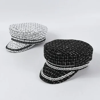 2020 нова класическа черно-бяла клетчатая военна шапка във военната стил, с модерна шапка с плосък козирка, ежедневни дивата осмоъгълна шапка