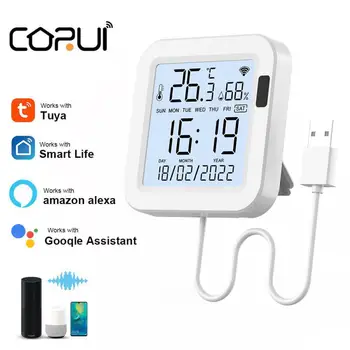CORUI Sasha WiFi Сензор за температура и влажност на въздуха USB Захранва с LCD дисплей Инфрачервено Използване на Smart Life Алекса Google Home