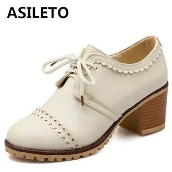 ASILETO/Дамски обувки-лодки, броги, Oxfords, през цялата чорап, блочный ток чрез шнурове, ретро, по-Големи Размери 34-43, Обикновена бели Черни Ежедневни пролетта S3620