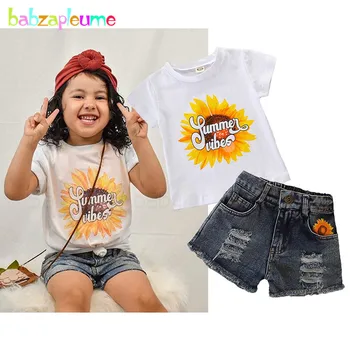 2 броя, летни дрехи за деца от 1 до 5 години, комплекти дрехи за малките момичета, Модни и ежедневни тениска с надпис + дънкови шорти, дрехи за деца BC1802-1