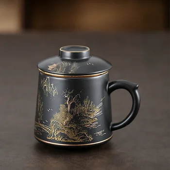 Лични керамични чаши чай със златно покритие обем 500 мл Филтрирана офис чаша с голям капацитет, чаени чаши за шефовете и за заваряване с капаци.