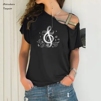 Интересна Музика, Пеене е знак, графични тениски, Модерни нови летни секси тениска с Нередовни рамене, тениска с къс ръкав, femm