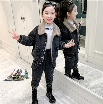 Зимен костюм от две части за момичета, детски костюм на средни и големи размери 2022, Нов корейски Плюшено Сгъсти комплект с Бродерия, Дълъг ръкав, запазва топлината