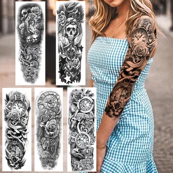 Черно Скица Пълен Цвете Ръка Временни Татуировки За Жени, Мъже 3D Роза Colck Татуировка Стикер Watetr Предаване на Фалшив Череп Татуировки Крак