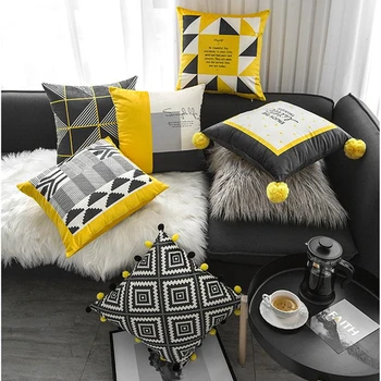 45x45 см, черно, жълто, бяло кадифе калъф за възглавници с принтом, килим, калъфка с топки за коса, квадратен калъф за възглавници с помпоном
