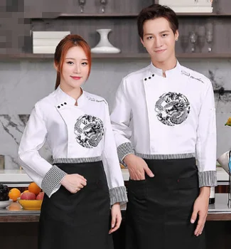 Китайски стил с дълги ръкави готвач услуги Бродирана дракон Хотел работно облекло Ресторант работно облекло инструменти униформи-кухненски върховете