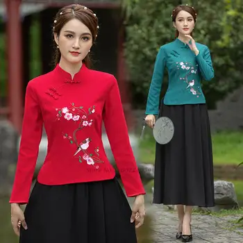 2022 дамски потници в китайския традиционен стил с цветна бродерия, свободна блуза, чонсам, женски реколта ризи hanfu с катарама, костюм тан