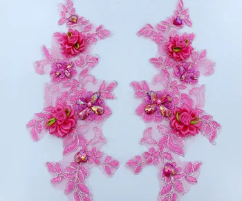 кристални ивици ръчно изработени, пайети, Кристали, тъмно розово лейси покритие, апликация 27*10 см за поли и рокли