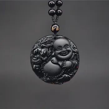Натурален Черен Обсидиан Кръг на Буда, Издълбани Щастлив Амулет Колие с висулка Буда окачване