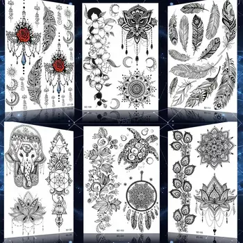Черна Лейси Мандала Цвете Къна Временна Татуировка За Момичета Молец Ловец На Сънища Татуировки Етикети За Жени Тялото Ръка Потребителски Татуировки