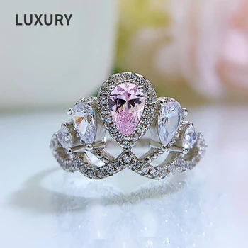 Луксозни 100% S925 Сребро Pink4*6 мм Высокоуглеродистые Пръстен С Диамант на Короната Пръстени За Жени Блестящи Вечерни Бижута на Едро