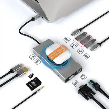 13-в-1 зарядно устройство Type-C USB-C Hub-сплитер Адаптер с USB2.0 USB3.0 USB-C 2,0 3,0 100 W Type-C PD 4K HDmVGA 3,5 мм
