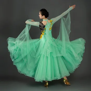Зелена Рокля за състезания по танци балната зала с пайети рокля за валс, стандартно рокля за танци, костюми за танци румба, бална рокля, дрехи за танци