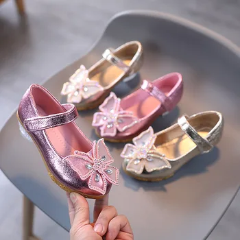 Розови златни обувки на принцесата за момичета, детски кожени обувки за сватби и партита с папийонка, обувки за говорене на висок ток, за деца от 3 до 12 години