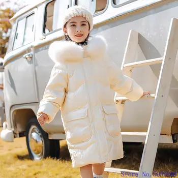 Зимни модни детски дрехи, плътен топъл топ с кожа яка, Детски дрехи за момичета, якета средна дължина, зимен костюм от 4 до 12 години