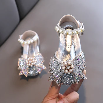 Нови Обувки на Принцесата За Момичета, Детски Сандали на равна подметка с пайети и Перлата на Лък, Детски Обувки, Детски Модни Мека детски обувки за Танци