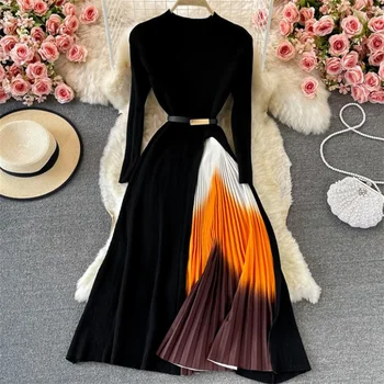 Черно трикотажное плиссированное рокля с дълги ръкави, женски есенно-зимния елегантна дълга рокля 2022 г.