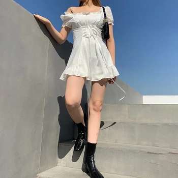 Модно елегантно бяло женско мини рокля с лък, лятна премяна за рожден ден, мило сексуално френската романтична копринените дрехи за жени