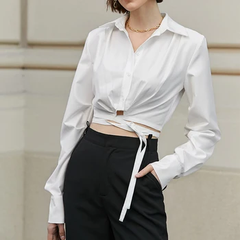Нов дизайн, темперамент, тънка превръзка, женска бяла риза, на ревера, дълъг ръкав, френски ретро, закриване на кръста и тънка кратък топ