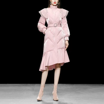 2022 Зимни подиумная модни дамски дълга naka яке с високо елегантен дизайн и рюшами на талията, пуховое палто