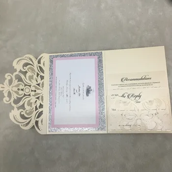 Елегантен джобен дизайн пригласительного билет за сватба с дантелен рязане с лазер, услуги за печат, блестящ хартиен фон с имената на топъл печат