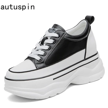 Autuspin/ Лаконичная Дамски Обувки На равна платформа; Модерна Черна, Бяла Ежедневни Обувки От Естествена Кожа; дамски Градинска Обувки на плоска подметка с Шнур и Кръг пръсти