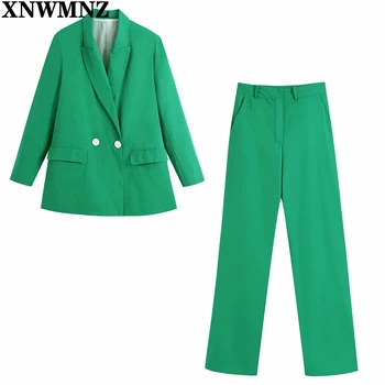 XNWMNZ Нов дамски Зелен двубортный блейзър 2021, яка с ревери, блейзери с дълги Ръкави и джобове, палта, Дамски Ежедневни Блузи копчета