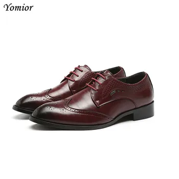 Yomior/ класически Маркови модни мъжки обувки са ръчна изработка от естествена кожа на платформа и дантела-за Сватбени партита, мъжки сини модела обувки с перфорации тип 