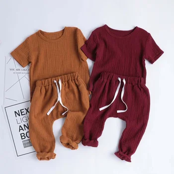 Комплекти от однотонного ленено topa и панталони с къси ръкави за бебета и деца