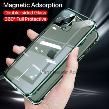 Луксозен Класически Квадратен Метален броня Магнитен Калъф За iPhone 12 11 Pro Max x xr xs max Двупосочен Стъклен Защитен Калъф 360