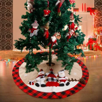 120 см Коледни Украси Коледно Дърво Престилка Дядо коледа, Снежен човек в Червено и Черно Каре Коледно Дърво Пола Празнични Украси